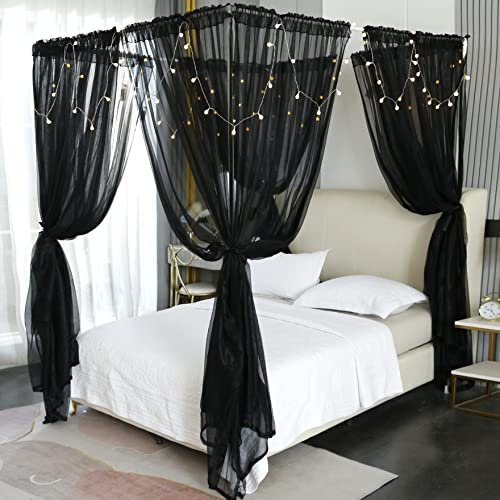 Akiky Betthimmel für Mädchenzimmer, eleganter transparenter Vorhang für Doppelbett, Queen-Size-Bett, 8 Paneele mit Licht, Raumdekoration (Full/Queen, Schwarz)