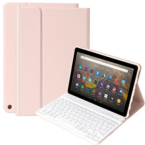 Tastaturhülle für Kindle Fire HD 10 und Fire HD 10 Plus Tablet (11. Generation, Version 2021) Schlanke, leichte Schutzhülle aus PU-Leder mit Abnehmbarer Bluetooth-Tastatur(Rosa)