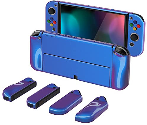 playvital Coque pour Switch OLED,Cover Joycon pour Nintendo Switch OLED Housse de Protection avec Capuchon Joystick & AlterGrips Boutons-Caméléon Bleu Violet