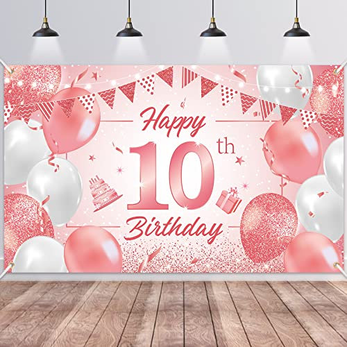 BTZO Happy 10th Birthday Decorations - Rose Gold Pink Fabric Photo Backdrop Background for Boys and Girls Party, 180×110cm