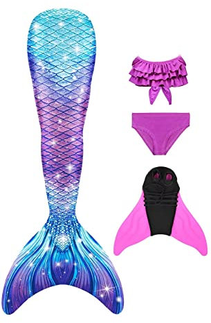NAITOKE Meerjungfrauenflosse Mädchen mit Monoflosse Mermaid Tail Badeanzug zum Schwimmen,PLMM,140