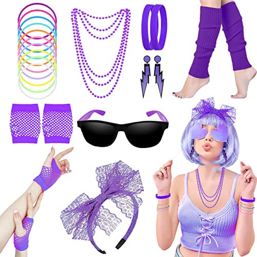 80s Fancy Dress Costumes Accessories, 1980s Fancy Style Dresses Party Sets & Kits for Women, Neon Leg Warmers Necklaces Bracelet Fishnet Gloves Lace Bow Headband Earrings Sunglasses-Purple