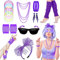 80s Fancy Dress Costumes Accessories, 1980s Fancy Style Dresses Party Sets & Kits for Women, Neon Leg Warmers Necklaces Bracelet Fishnet Gloves Lace Bow Headband Earrings Sunglasses-Purple