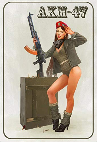 DekoDrom® Motiv Blechschild 20x30 cm Pin up Girl mit AK 47 Sturm Gewehr Dekoration Bar Kneipe Sammler