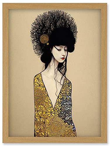 Wee Blue Coo Golden Geisha Girl Abstract Elegant Painting Artwork Framed Wall Art Print A4