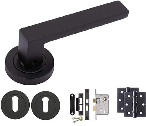Golden Grace Delta Design Key Lock Door Handles Set on Round Rose in Stunning Matte Black Finish Complete with 3 Lever Mortise Lock & 1 Pair of Ball Bearing Hinges