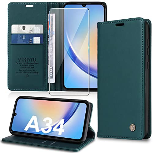 Migexxkj Handyhülle für Samsung Galaxy A34 5G Hülle [mit Schutzfolie] [Premium PU Leder] Klapphülle Ständer Kartenfach Magnetic Flip Case Cover Etui Tasche Schutzhülle für Samsung A34 5G