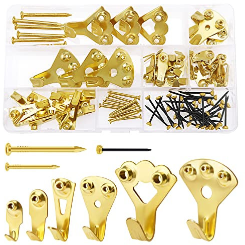 VooGenzek 90 Pezzi Kit di Ganci Cornice per Pareti Dure, Ganci in metallo per Quadri, Heavy Duty Immagine Ganci Assortimento Kit con Chiodi, per Appendere Quadri, Specchi