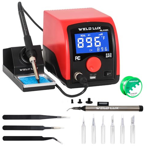 Weld Lux 75W Digital Soldering Station, LCD Soldering Iron Station Kit with features precision thermal control (392°F to 896°F), °C/°F conversion, automatic sleep, USB powered, temperature pre-storage