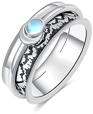 POPLYKE Sterling Silber Berg Angst Spinner Ringe Mondstein Ring drehbar Stimmung Ringe für Frauen Stress Abbauen Schmuck Geschenk 7 Größe