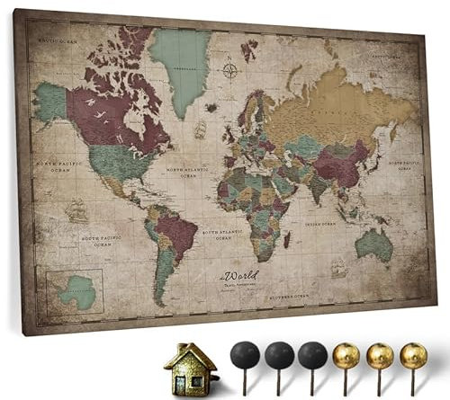 CANVASCALE Carte du monde en toile avec tableau d'affichage en liège - Labels en anglais - Décoration murale décorative pour toutes les pièces - Tableaux sur toile (90x60 cm, Motif 12)