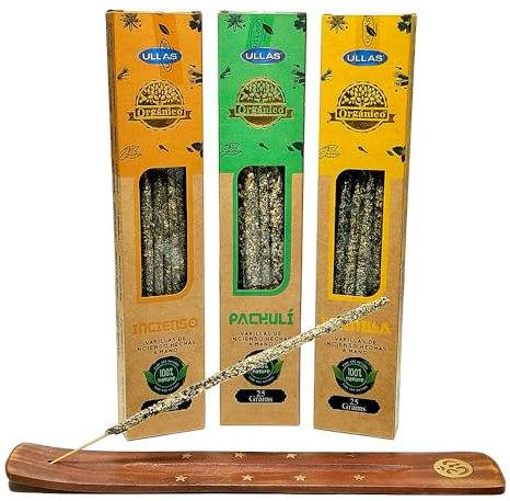 3er-Pack natürliche, organische Ullas Räucherstäbchen + Aromasenses Räuchergefäß als Geschenk (Vanille - Weihrauch - Patchouli)