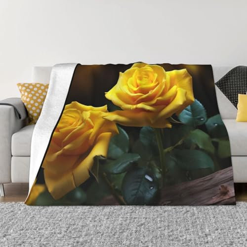 DEHIWI Schöne gelbe Rosen Flanell-Fleecedecke, 127 x 101 cm, ultraweich, warm, gemütlich, Überwurf, Decke, Ganzjahresdecken für Bett, Sofa, Wohnzimmer, Outdoor