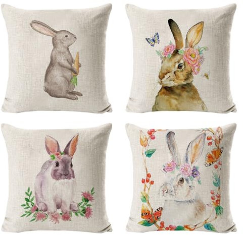 Ruikdly Kissenbezug Ostern 4 Stück Easter Dekoration Kissenhüllen Ostern Hase Sofa Kissen Osterdeko Modern Leinen Kissenbezug Osterkissen für Heim Sofa Garten Schlafzimmer 45 x 45 cm
