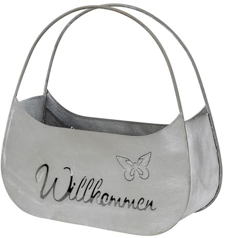 levandeo Blumentopf Tasche Willkommen L25cm Grau Metall Pflanztopf Garten-Deko Blumen Gartendeko Kräutertopf