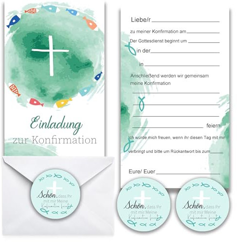 MKISHINE 20erSet Einladungskarten Konfirmationskarten mit 20x Umschlägen und 24 passenden Aufklebern - Einladungskarte und zur Erstkommunion Taufe Kommunion Einladung Firmung für Jungen und Mädchen