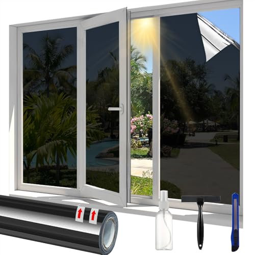 Linarun One Way Window Film Privacy Heat Reflective Privacy Film for Glass Windows Daytime Anti Glare Mirror Tint Sun Blocker for Home Office, Black Silver 30 * 400 cm