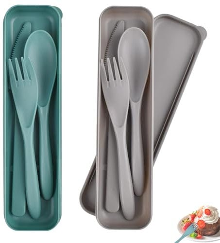 Babbblisio 2 Sets Reusable Cutlery Set with Cutlery Holder for Lunch Box, Plastic Cutlery Set Case Office School Case Cutlery Set for Lunch Box Daily Use Cutlery Holder