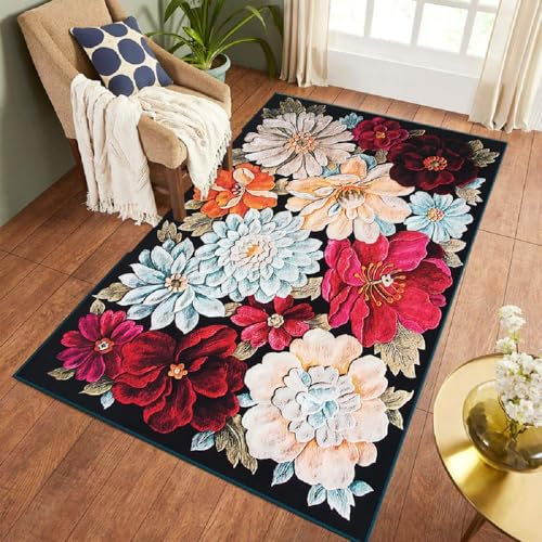 Sedefen Kurzflor Teppich 150x200 cm - Bunt Blumen Muster Terrassen Dekorative Wohnzimmer Schlafzimmer Vintage Läufer Indische Boho, Anti-Rutsch Unterseite, Felloptik