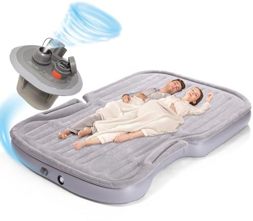 Matratze für Auto Luftmatratze mit integrierter E-Pumpe | Aufblasbar per Knopfdruck in 3 Min. | Gleichmäßige Multi-Point-Unterstützung | Dicke PVC Beflockung | Camping-Must-Have für SUV/MPV/RV | Grau