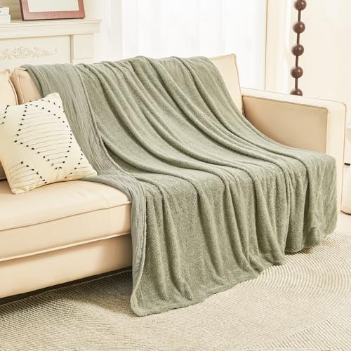 EMME Gewebte Musselin Decke Baumwolle & Fleece Sofadecke Tagesdecke, Flauschig Kuscheldecke für Couch Weich Leichte Atmungsaktive Überwurfdecke, 130x150,Salbei Grün