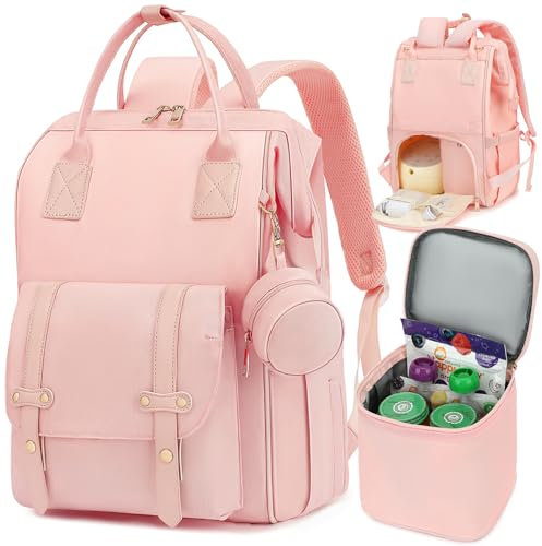 ROSEGIN Wickeltasche Rucksack, Milchpumpen Tasche mit Kühltasche, Passend für Momcozy, Philips, Medela, Geeignet für 15,6 Laptop, 15 Fächer, Kinderwagengurte, Schnullerhalter,Rosa