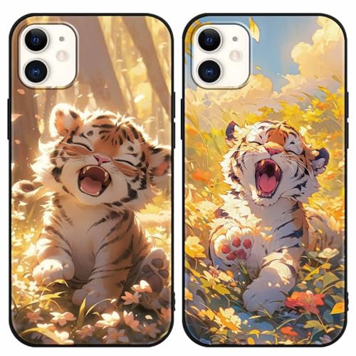 Yimctoie 2 Stück Handyhülle für iPhone 11 6,1,Cute Tiger Kawaii Tier Aesthetic Muster Hülle,Niedlich Cartoon Karikatur Case,Schwarze Silikon Schutzhülle Bumper Stoßfeste Cover für iPhone 11