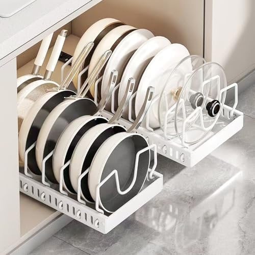 IVTUVTI Confezione da 2 pentole e padelle estraibili sotto l'armadio, pentole e padelle organizer per armadio, organizer per padelle con 8 divisori regolabili (bianco)