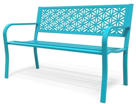 Bonnlo Gartenbank Metall Retro-Stil, wetterfeste Sitzbank für 2-3 Sitzer, Essbank mit Rückenlehne und floraler Armlehne, Gartenmöbel bis 360kg belastbar, Bänke für Garten Balkon Hof, Blau