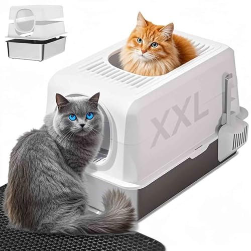 Stainless Steel Litter Box, Large Top Entry Cat Litter Tray for Big Cats, Cat Litter Box Enclosure High Sides with Lid, Enclosed Metal Kitty Litter Boxes Pan Tray with Scroop and Mat (white)