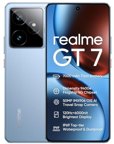 realme GT 7 5G Téléphone Portable,Batterie 7000 mAh,Dimensity 9400‌e,Caméra 50MP +50 MP,120Hz 6.78 Écran,12GB+512GB Smartphone 5G,Dual SIM Android 15,NFC IP69,sans Adaptateur,Bleu