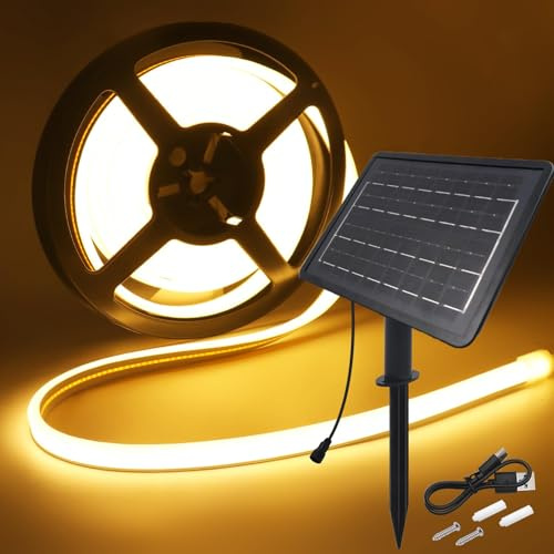Wisada 24V Solar LED Streifen, 8 Modi Lichtband Außen Neon Lichterkette, Neon Stripe Cuttable 5cm, 320LEDs/m Superheller COB LED Band für Terrasse, Innenhof(Warmweiß,10m)