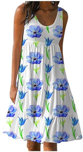 Abiti estivi da donna UK Abito estivo casual da donna casual con scollo a V a righe abito con bretelle in cotone commercianti, Azzurro-B, XXL