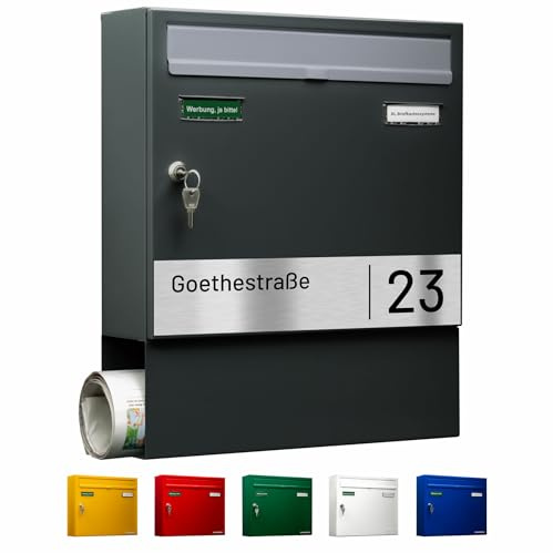 AL Briefkasten Systeme Basic-Line 1er Briefkasten personalisiert mit Namen Schild Straße und Hausnummer - Postkasten Anthrazit modern mit Zeitungsfach - Gravur wetterfest Wand oder Zaunbriefkasten