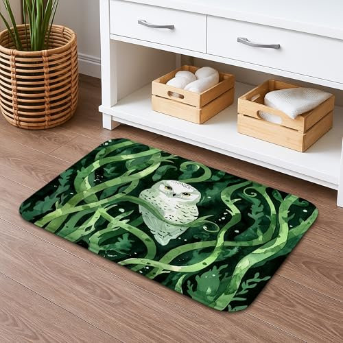 Badematte, Motiv: Zauberwald-Eule, lebendiges grünes Natur-Design, weich, saugfähig, rutschfest, Duschvorleger für Badezimmer, Dekoration, 40,6 x 61 cm