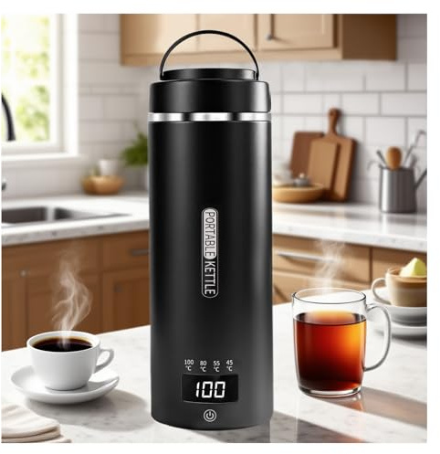 Wasserkocher Klein 450 ml - 4 Temperatureinstellungen Mini Wasserkocher zum Anschließen Edelstahl 304 Reise Wasserkocher mit automatischer Abschaltfunktion (Schwarz)