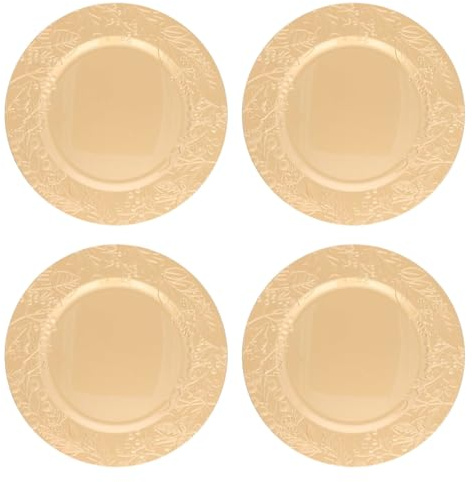 Acan Tradineur - Pack de 4 Bajoplatos Redondos Navideños Reutilizables - Diseño de Muérdago - Fabricado de plástico - Ideal para presentaciones de Dulces, Pasteles, etc. - Ø 33 cm - Color Dorado
