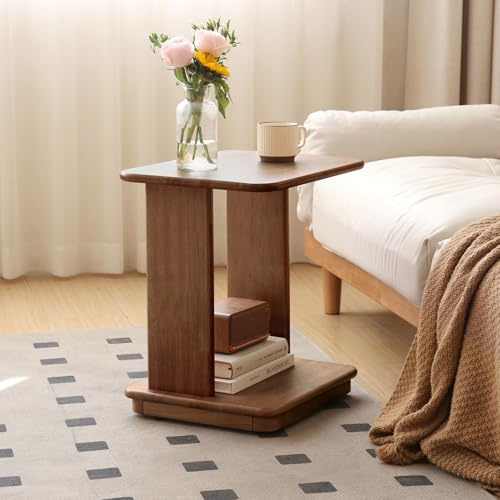 YESWOOD Beistelltisch Gummibaumholz mit Rollen 45x35x50 cm | C-förmiger Sofatisch mit offener Ablage, Kleiner Nachttisch flexibel neben Sofa und Bett nutzbar Wohnzimmer & Schlafzimmer