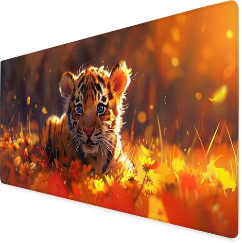 Schreibtischunterlage Tiger Mauspad Chrysantheme mit Leder und Rutchfeste Wildleder, Wasserfeste Gaming Tischunterlage, Multifunktionales Office Mousepad 600x300x3mm, Computer-Zubehör, Deko K7-939