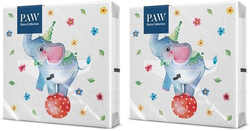 PAW - Servietten 3-lagig (33 x 33 cm) I 20 Stück I Perfekt für Kindergeburtstage, Partys, Kommunion und Feiern I Papierservietten Bunt mit Party Motiv I Elefant, Party, Tiere - Circus Elephant