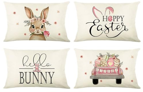 Artscope 4er Set Happy Easter Ostern Kissenbezüge 40x60cm Kaninchen und Rosa Autos Zierkissenbezug Wohnkultur Dekokissen Kissenhülle Sofakissen für Sofa