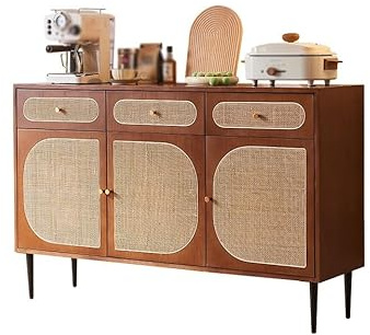BASXDRFXZ Schrank für Geschirr Holz Sideboard Wabi-Sabi Stil Wohnzimmer Rattan Aufbewahrungsschrank Retro Home