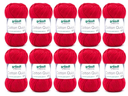 Gründl Wolle Cotton Quick uni - dünne Wolle zum Häkeln - Strickgarn - Häkelgarn - Glänzend und hautfreundlich - 100 % Baumwolle - 10 Knäuel 50 g / 125 m - Nadelstärke 3- 4 - Rot