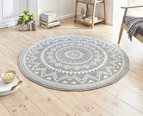 Hanse Home Teppich Valencia Rund – Mandala Teppich Kurzflor Modern Vintage Teppiche für Esszimmer, Wohnzimmer, Kinderzimmer, Flur, Schlafzimmer, Küche – Grau Creme ø140cm