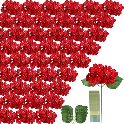 Künstliche Hortensien, 20 Packungen mit 20 Stängeln und Blättern für Hochzeiten, als Tischdekoration oder für Blumensträuße (rot)