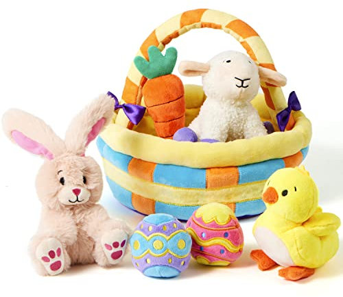 JOYIN 7 Piezas Cesta de Pascua Peluches Juego Cesta de Pascua Rellenos Juguetes para Fiesta de Pascua favores Cesta de Pascua de Felpa para bebés, niños pequeños y niños de Todas Las Edades
