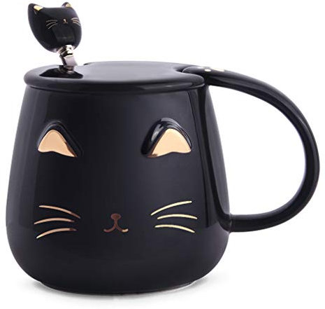 Angelice Home Black Cat Mug, Cute Kitty Ceramic Coffee Mug with Stainless Steel Spoon, Novelty Coffee Mug Cup for Cat Lovers Women Girls