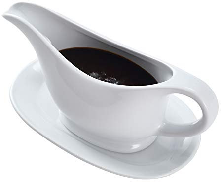 Bruntmor 11 Oz White Ceramic Gravy Boat with Tray, 11 Ounce Small Ceramic Serving Dish, Dispenser with Tray for Sauces, Gravy Boats with Saucer for Dinner