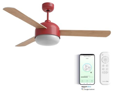 UNIVERSALBLUE Ventilador de techo con luz LED y WiFi | Rojo | Silencioso con Motor DC | Control por App, Alexa, Google Assistant y mando a distancia | 6 Velocidades | Aspas Reversibles