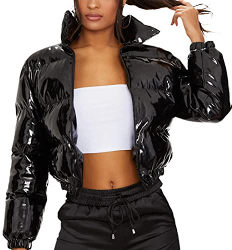 Uaneo Cropped-Pufferjacke für Damen, Winter, glänzend, mit Reißverschluss, kurze Blase Puffy-Mäntel, Schwarz, XS